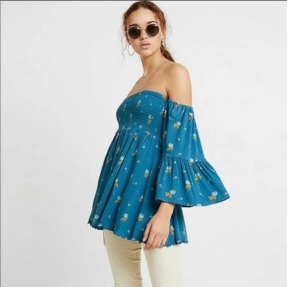 Free People Lana Floral SMALL Smocked Off Shoulder Mermaid Floral Strapless Top - Picture 4 of 9